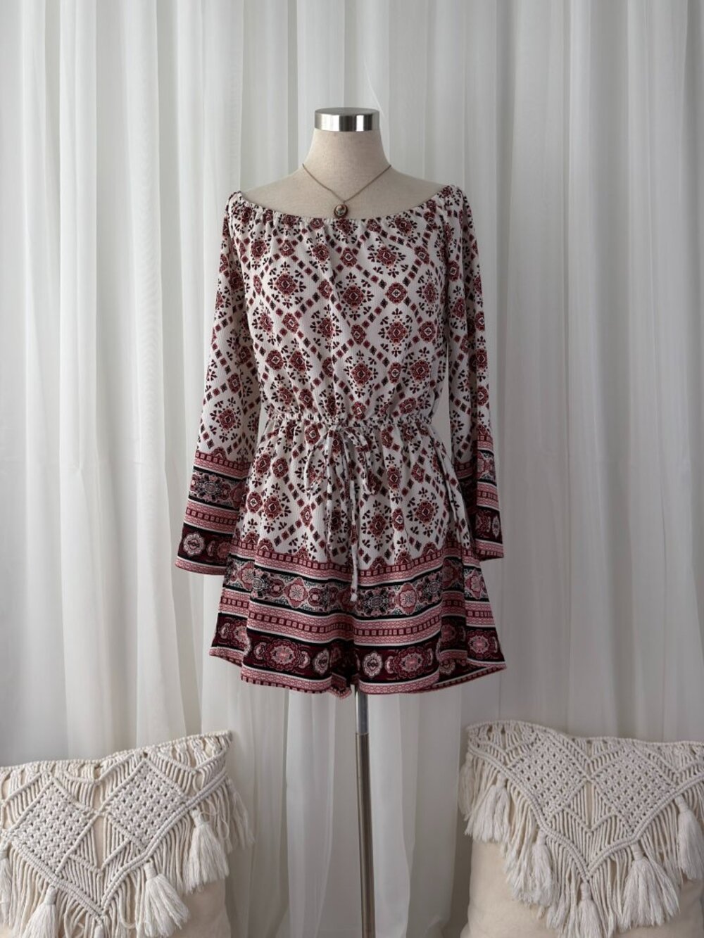 Red Geometric Medallion Bell Sleeve Off Shoulder Boho Romper Womens S Festival - Picture 1 of 7